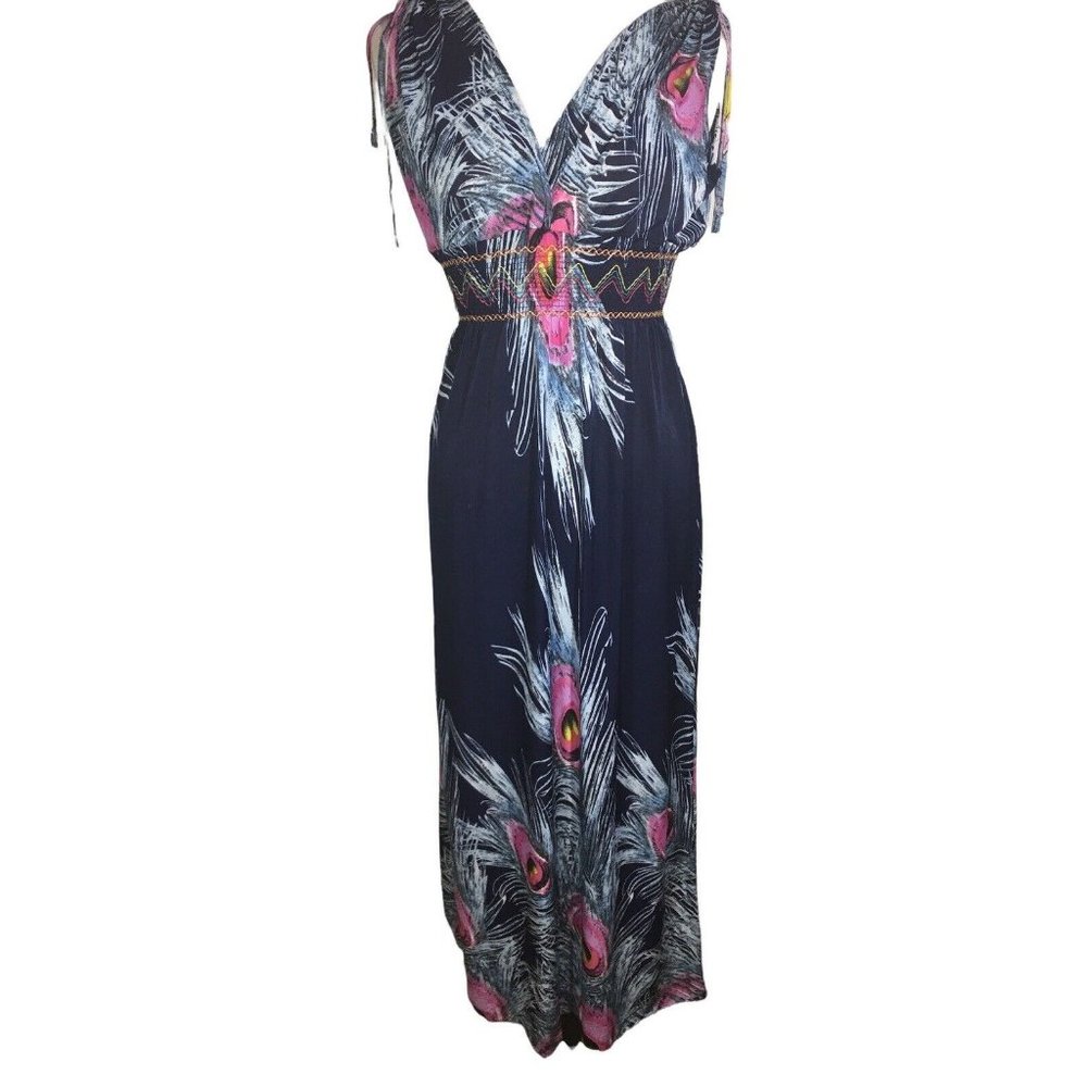Women’s Navy Maxi Dress with Pink Peacock Print